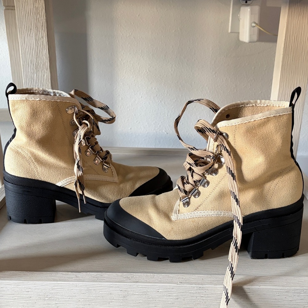 Tan Canvas Lace-Up Ankle Boots